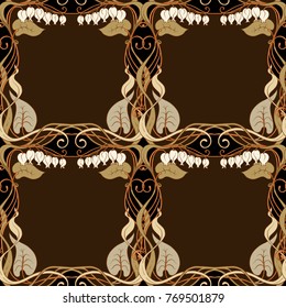 Seamless pattern, background with decorative elements, in art nouveau style, vintage, old, retro style. In gold on black background. Stock vector illustration.