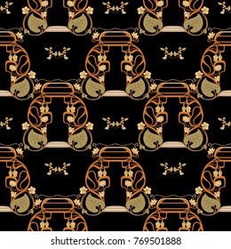 Seamless pattern, background with decorative elements, in art nouveau style, vintage, old, retro style. In gold on black background. Stock vector illustration.