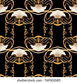 Seamless pattern, background with decorative elements, in art nouveau style, vintage, old, retro style. In gold on black background. Stock vector illustration.