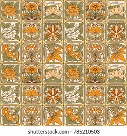 Seamless pattern, background with decorative elements in the style of ceramic tiles in art nouveau style. Stock vector illustration.