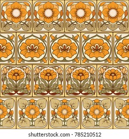 Seamless pattern, background with decorative elements in the style of ceramic tiles in art nouveau style. Stock vector illustration.