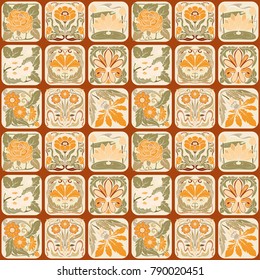 Seamless pattern, background with decorative elements in the style of ceramic tiles in art nouveau style. Stock vector illustration.