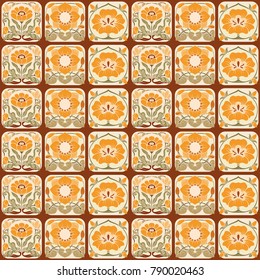 Seamless pattern, background with decorative elements in the style of ceramic tiles in art nouveau style. Stock vector illustration.