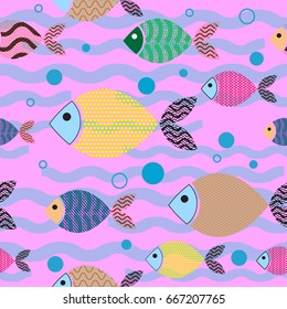 Seamless pattern background with decorative fish in the pink sea. Vector illustration minimal flat design style.