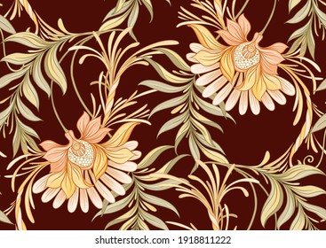 Seamless pattern, background with decorative flowers in art nouveau style, vintage, old, retro style. Vector illustration.