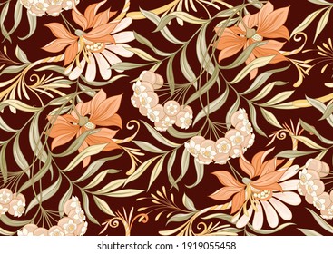 Seamless pattern, background with decorative flowers in art nouveau style, vintage, old, retro style. Vector illustration.