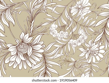 Seamless pattern, background with decorative flowers in art nouveau style, vintage, old, retro style. Vector illustration.