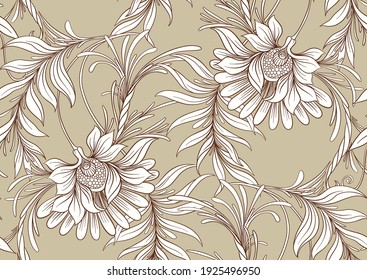 Nahtloses Muster, Hintergrund mit dekorativen Blumen im Jugendstil, Vintage, alter Retro-Stil. Vektorgrafik.