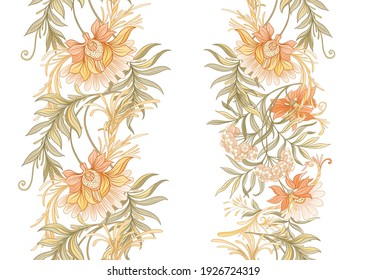 Seamless pattern, background with decorative flowers in art nouveau style, vintage, old, retro style. Vector illustration.