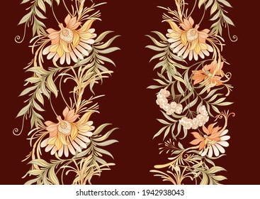 Seamless pattern, background with decorative flowers in art nouveau style, vintage, old, retro style. Vector illustration.