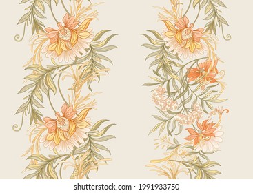 Seamless pattern, background with decorative flowers in art nouveau style, vintage, old, retro style. Vector illustration.