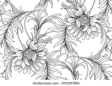 Seamless pattern, background with decorative flowers in art nouveau style, vintage, old, retro style. Vector illustration.