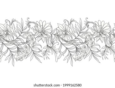 Seamless pattern, background with decorative flowers in art nouveau style, vintage, old, retro style. Vector illustration.