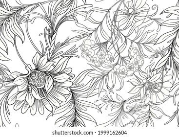 Patrón inmaculado, fondo con flores decorativas de estilo Art Nouveau, vintage, antiguo, retro. Ilustración vectorial.