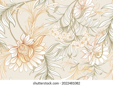 Seamless pattern, background with decorative flowers in art nouveau style, vintage, old, retro style. Vector illustration.