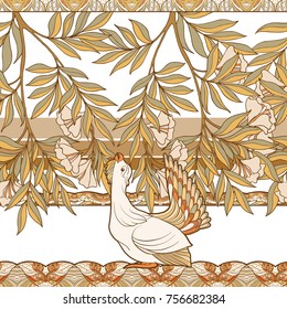 Seamless pattern, background with decorative flowers and bird in art nouveau style, vintage, old, retro style. Stock vector illustration.