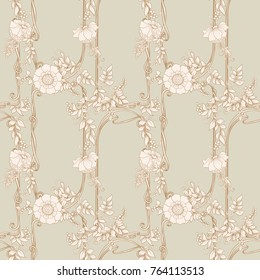 Seamless pattern, background with decorative flowers in art nouveau style, vintage, old, retro style.