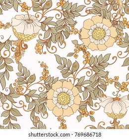 Seamless pattern, background with decorative flowers in art nouveau style, vintage, old, retro style.