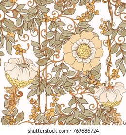 Seamless pattern, background with decorative flowers in art nouveau style, vintage, old, retro style.