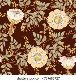 Seamless pattern, background with decorative flowers in art nouveau style, vintage, old, retro style.
