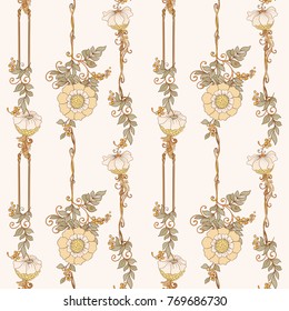 Seamless pattern, background with decorative flowers in art nouveau style, vintage, old, retro style.