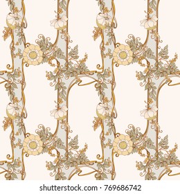 Seamless pattern, background with decorative flowers in art nouveau style, vintage, old, retro style.