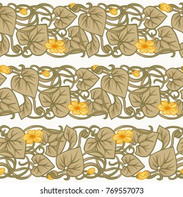 Seamless pattern, background with decorative pumpkin flowers, in art nouveau style, vintage, old, retro style. Stock vector illustration.