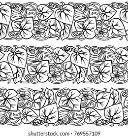 Seamless pattern, background with decorative pumpkin flowers, in art nouveau style, vintage, old, retro style. Outline drawing.. Stock vector illustration.