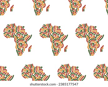 Fondo de patrón sin foco con símbolo decorativo mapa de África, silueta de continente africano con líneas abstractas adornadas en color de la bandera panafricana - rojo, amarillo, verde. Fondo del vector para