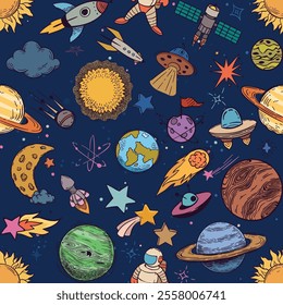 Seamless pattern background design, astronomy, planet, asteroid, astrology, comet, cosmic, star, sun, moon, fantacy, galaxy, spaceman, satellite, earth, nebula, orbit, vector art illustration design