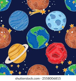 Seamless pattern background design, astronomy, planet, asteroid, astrology, comet, cosmic, star, sun, moon, fantacy, galaxy, spaceman, satellite, earth, nebula, orbit, vector art illustration design