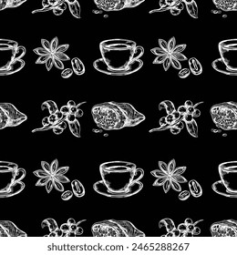 Seamless pattern background design, black white coffee, abstract, grunge, vector art illustration design