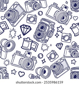 Seamless pattern background design, black white camera, photographer, lighting, abstract, grunge, vector art illustration design