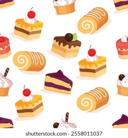 seamless pattern background design, cake, cream, bread, chocolate, chery, party, birthday, christmas, new year, cupcake, vector art illustration design