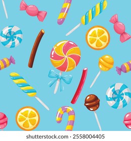 Seamless pattern background design, candy, lollipop, colorful, sweet, tasty, yummy, delicious, sugar, carramel vector art illustration design