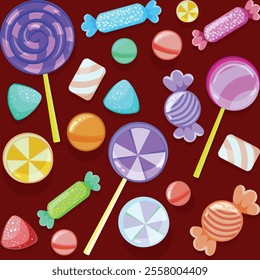 Seamless pattern background design, candy, lollipop, colorful, sweet, tasty, yummy, delicious, sugar, carramel vector art illustration design