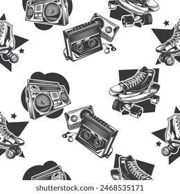 Seamless pattern background design, computer, tape, casette, skateboard, brush, roller shoes, white, abstract, grunge, independence, vector art illustration design