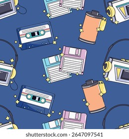 Design de fundo de padrão contínuo, computador, fita, caseta, skate, escova, sapatos de rolo, branco, abstrato, grunge, independência, maquiagem, tv, design de ilustração de arte vetorial