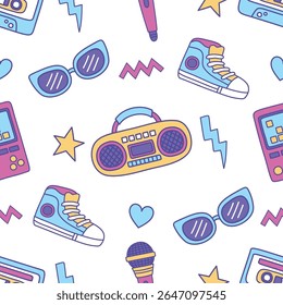Design de fundo de padrão contínuo, computador, fita, caseta, skate, escova, sapatos de rolo, branco, abstrato, grunge, independência, maquiagem, tv, design de ilustração de arte vetorial