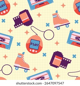 Design de fundo de padrão contínuo, computador, fita, caseta, skate, escova, sapatos de rolo, branco, abstrato, grunge, independência, maquiagem, tv, design de ilustração de arte vetorial