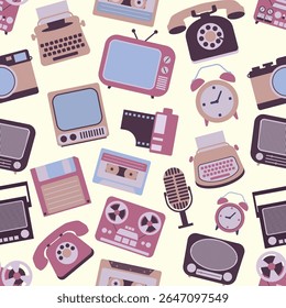 Design de fundo de padrão contínuo, computador, fita, caseta, skate, escova, sapatos de rolo, branco, abstrato, grunge, independência, maquiagem, tv, design de ilustração de arte vetorial
