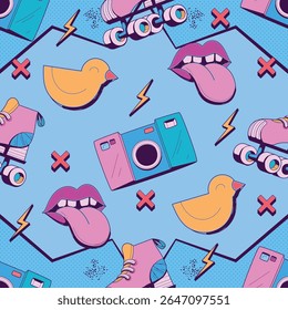 Design de fundo de padrão contínuo, computador, fita, caseta, skate, escova, sapatos de rolo, branco, abstrato, grunge, independência, maquiagem, tv, design de ilustração de arte vetorial