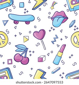 Design de fundo de padrão contínuo, computador, fita, caseta, skate, escova, sapatos de rolo, branco, abstrato, grunge, independência, maquiagem, tv, design de ilustração de arte vetorial