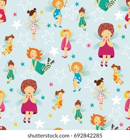 Seamless pattern, background design with cute fairy girls with wings and wands, cartoon vector illustration. Happy, smiling fairy girls flying in colorful dresses, seamless cartoon style pattern