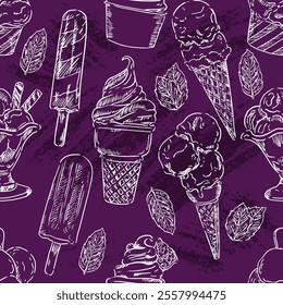 Seamless pattern background design, ice cream, delicious, frozen, sweet, tasty, milk, sundae, gelato, ice, food, vector art illustration design