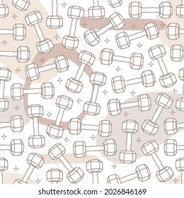 Seamless pattern, background design, print. Vector illustration in a minimalistic style. Linear drawing and abstract shapes. Pastel colors. Drawn dumbbells. Healthy lifestyle, workout at home, gym.