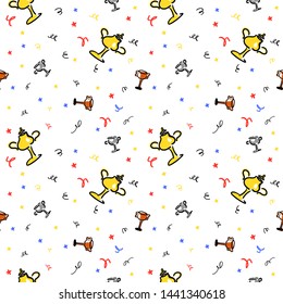 Seamless pattern background design Sport theme with winner's cups gold, silver, bronze. Doodle colorful style. Sketch draw. Vector illustration for banner, web page, print media.