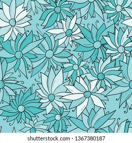 Seamless pattern background with different abstract flowers. Chamomile, aster