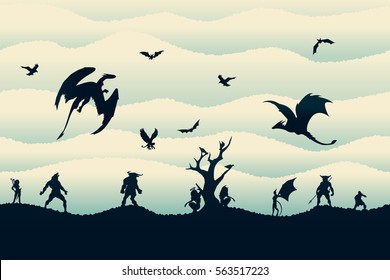 The seamless pattern background with different creatures, monsters, dragons and demons silhouettes 