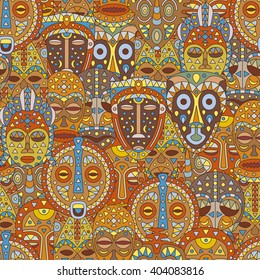 Seamless pattern. Background with different ethnic masks. Vector illustration